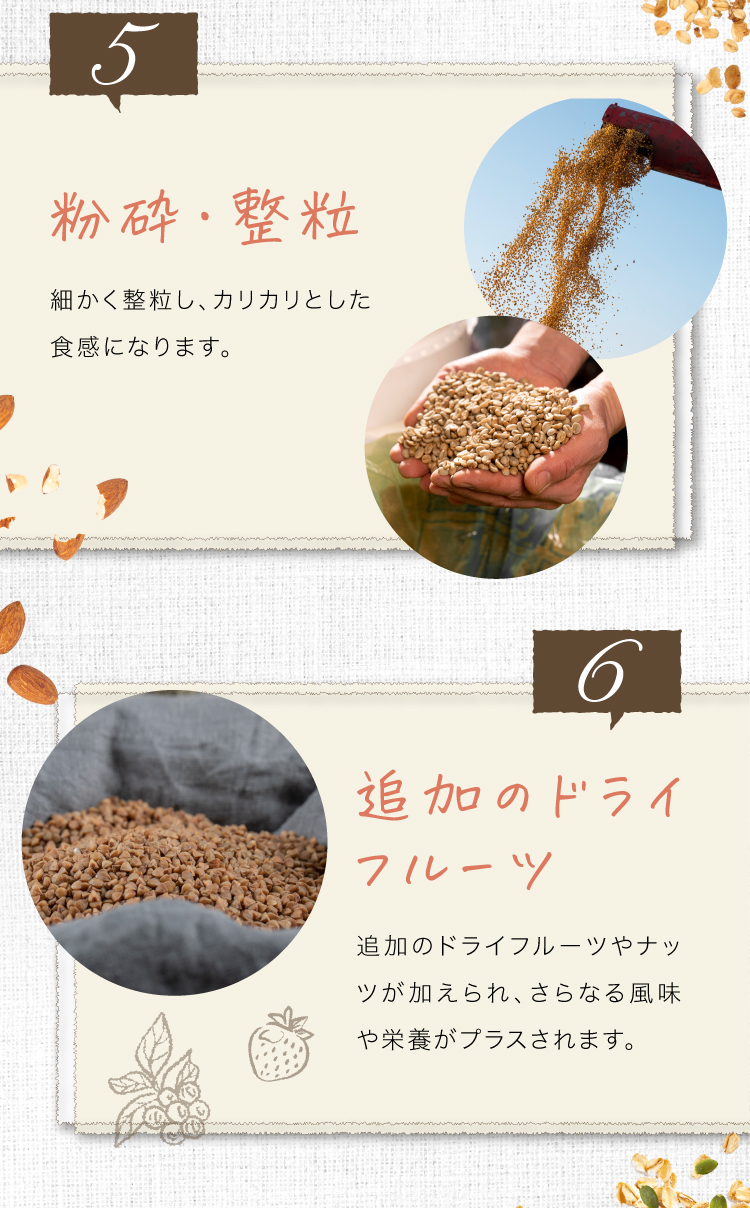 5,　粉砕・整粒 細かく整粒し、カリカリとした食感になります。